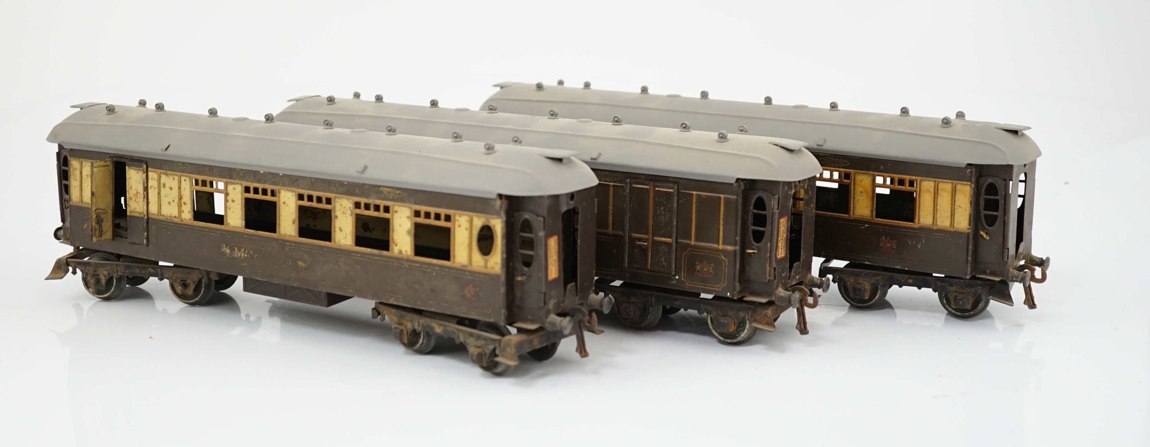 Three Hornby Series 0 gauge tinplate Pullman cars; Loraine, Arcadia and Montana